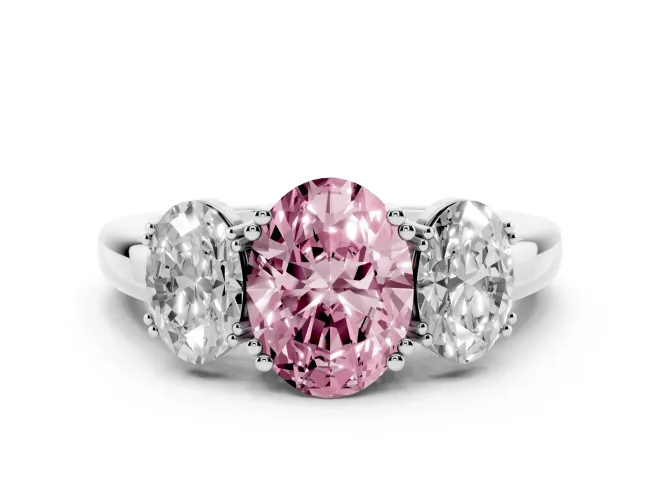 Fancy Pink Oval Cut Diamond Three-Stone Ring Set in Silver with Polished Band and Prong Setting