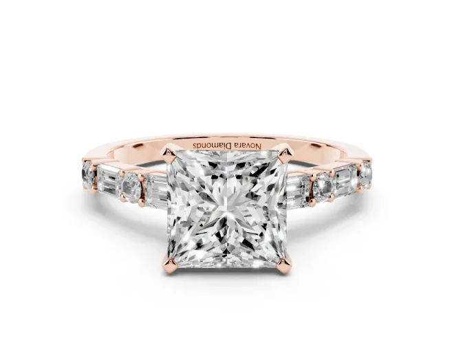 Princess Cut Baguette Side Stone Engagement Ring Setting | Alternating Accents | Rose Gold