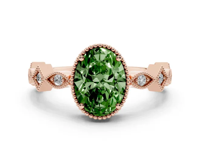 Oval Milgrain Bezel Engagement Ring Setting for a Fancy Green Lab-Grown Diamond | Rose Gold