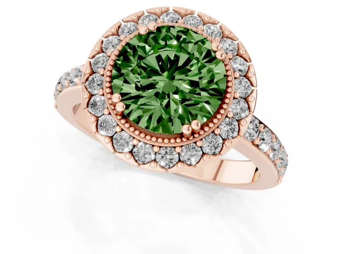 Fancy Green Round Cut Diamond Halo Ring Set in Rose gold with Pavé Shank and Prong Setting – second view