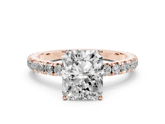 Radiant Cut Pavé Engagement Ring Setting | Shared Prong Band | Rose Gold