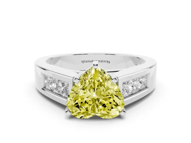 Fancy Yellow Heart Cut Diamond Solitaire Ring Set in Platinum with Channel-Set Accent Stones and Prong Setting