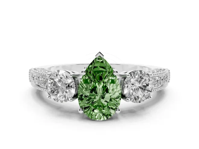 Fancy Green Pear Cut Diamond Three-Stone Ring Set in White gold with Round Side Stones and Pavé Band