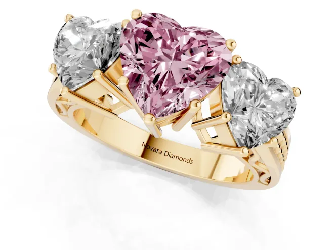 Fancy Pink Heart Cut Diamond Three-Stone Ring Set in Yellow gold with Textured Band – second view