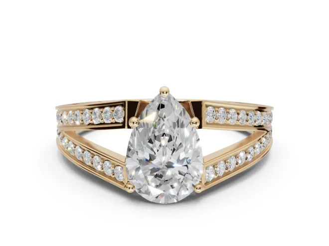 Pear-Shaped Split Shank Pavé Engagement Ring Setting | Engraved Leaf Sides | Yellow Gold