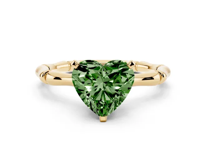 Fancy Green Heart Cut Diamond Solitaire Ring Set in Yellow gold with Bamboo Band and Prong Setting