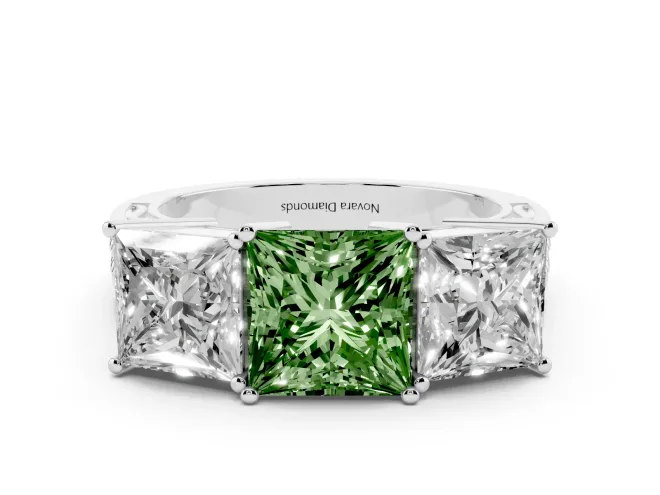 Fancy Green Princess Cut Diamond Three-Stone Ring Set in White gold with Textured Band