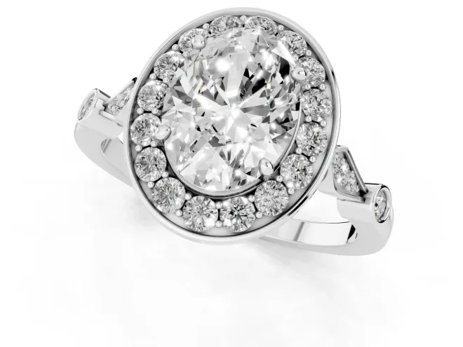 Oval Cut Diamond Halo Engagement Ring Set in Platinum with Twisted Band and Prong Setting – second view