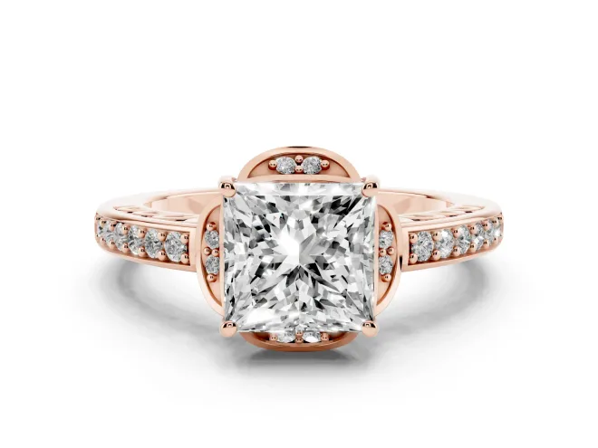 Princess Cut Floral Pavé Engagement Ring Setting | Petal Accents | Rose Gold