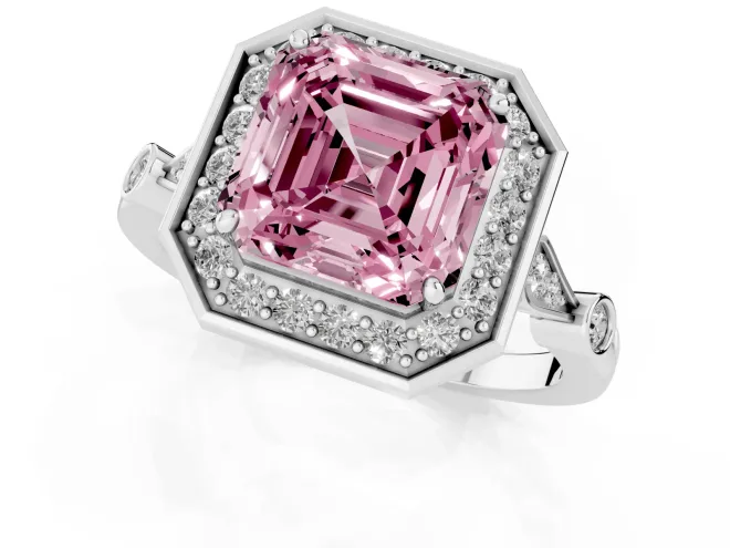Fancy Pink Asscher Cut Diamond Halo Engagement Ring Set in Platinum with Twisted Band and Prong Setting – second view