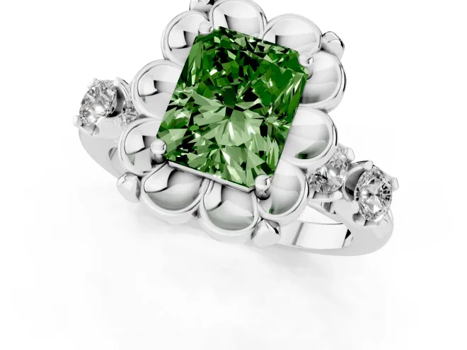 Fancy Green Radiant Cut Diamond Floral Halo Ring Set in Silver with Shared Prong Band – second view