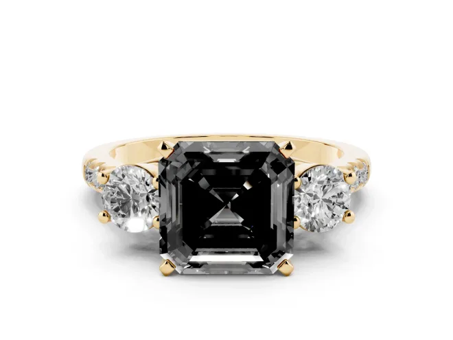 Asscher Cut Three-Stone Engagement Ring Setting for a Black Center | Pavé Shoulders | Yellow Gold