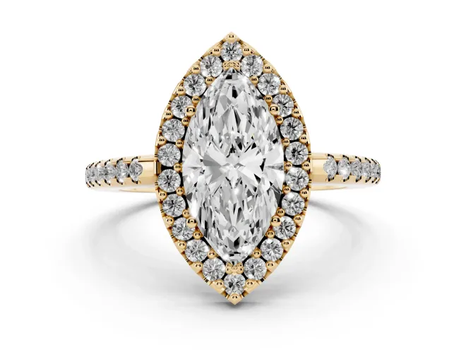 Marquise Cut Diamond Pavé Halo Ring Set in Yellow gold with Prong Setting
