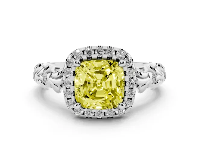 Fancy Yellow Cushion Cut Diamond Halo Ring Set in White gold with Filigree Leaf Band and Prong Setting