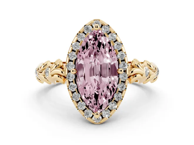 Fancy Pink Marquise Cut Diamond Halo Ring Set in Yellow gold with Filigree Leaf Band and Prong Setting