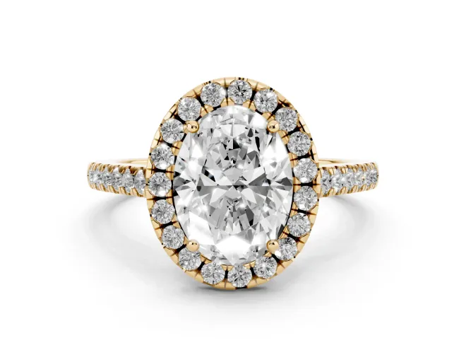 Oval Cut Diamond Pavé Halo Engagement Ring Set in Yellow gold with Pavé Band and Prong Setting