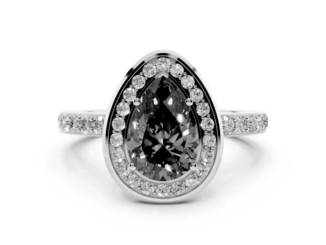Fancy Black Pear Cut Diamond Halo Ring Set in Silver with Bezel Frame and Pavé Band