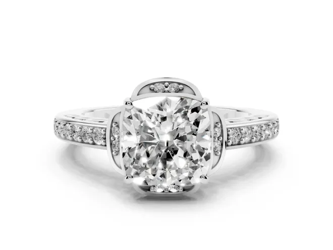 Cushion Cut Diamond Halo Ring Set in White gold with Channel Set Band and Prong Setting