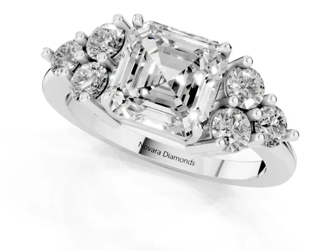 Asscher Cut Diamond Solitaire Ring Set in White gold with Cluster Accents on Each Side – second view