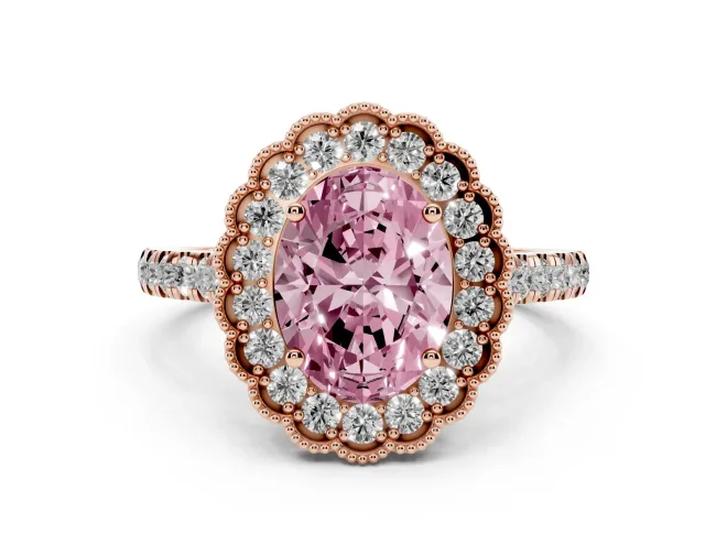 Oval Vintage Milgrain Floral Halo Engagement Ring Setting for a Fancy Pink Lab-Grown Diamond | Pavé Band | Rose Gold
