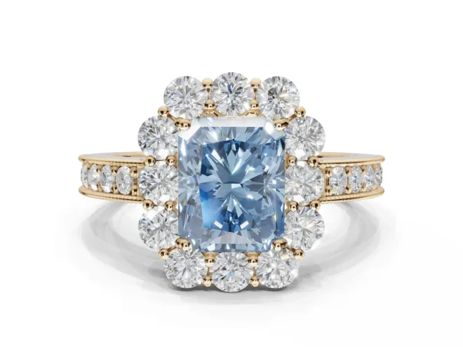Radiant Cut Halo Engagement Ring Setting for a Fancy Blue Lab-Grown Diamond | Yellow Gold - Design NV-24711