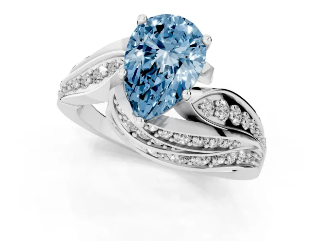 Fancy Blue Pear Cut Diamond Solitaire Ring Set in Silver with Layered Twist Pavé Band – second view
