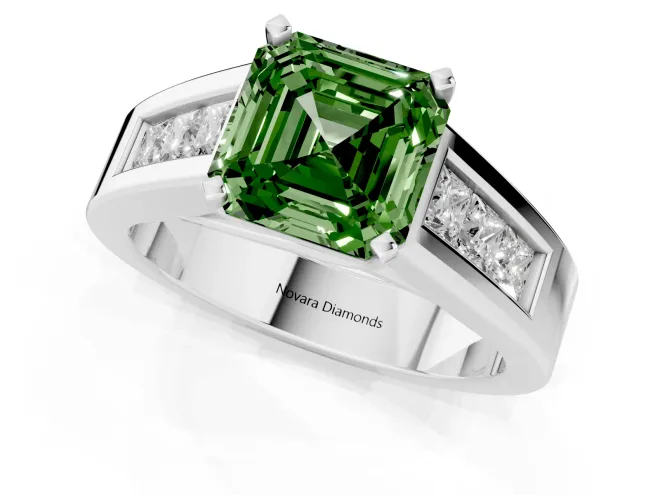 Fancy Green Asscher Cut Diamond Solitaire Ring Set in White gold with Channel-Set Accent Stones and Prong Setting – second view