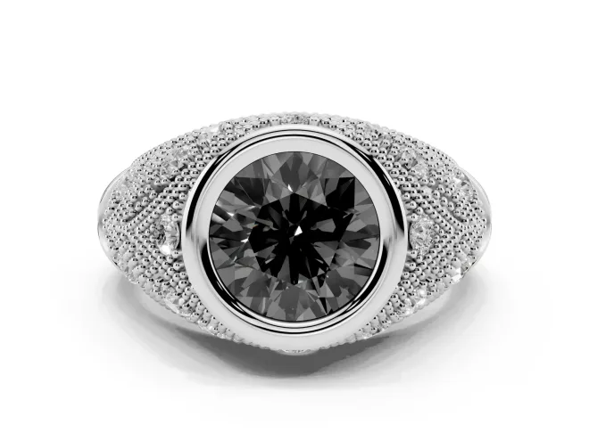 Fancy Black Round Cut Diamond Bezel Ring Set in Platinum with Milgrain Accent Band