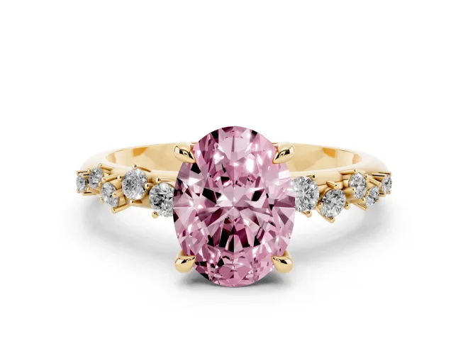 Fancy Pink Oval Cut Diamond Solitaire Vine Band Ring Set in Yellow gold with Round Accents and Prong Setting