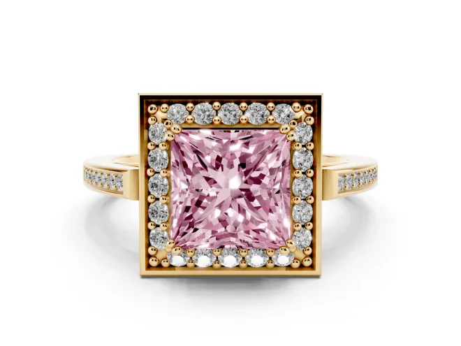 Princess Cut Halo Engagement Ring Setting for a Fancy Pink Lab-Grown Diamond | Polished Halo Rim | Yellow Gold