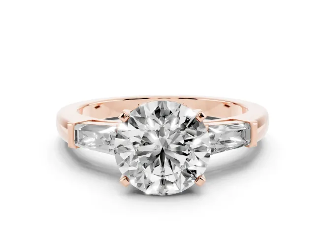 Round Three Stone Engagement Ring Setting | Tapered Baguettes | Rose Gold