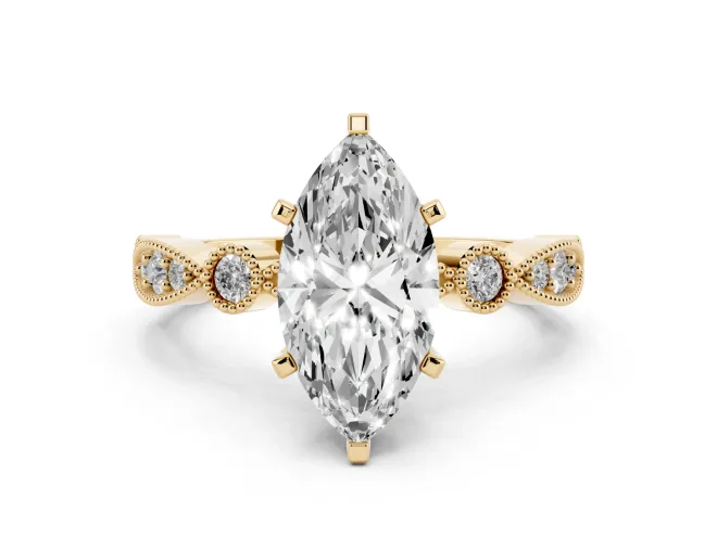 Marquise Cut Diamond Solitaire Engagement Ring Set in Yellow gold with Milgrain Bezel Accent Band