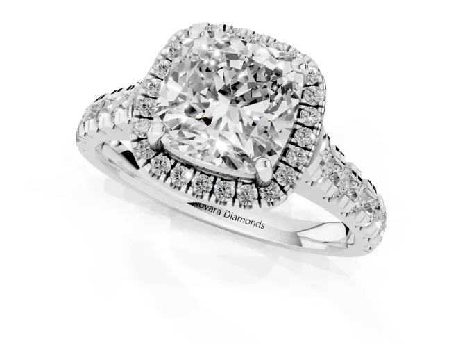 Cushion Cut Diamond Halo Engagement Ring Set in White gold with Pavé Band and Prong-Set Center – second view