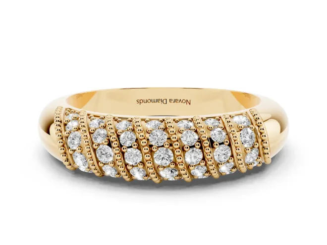 Round Lab-Grown Diamond Diagonal Pavé Dome Wedding Band | Milgrain Bars | Yellow Gold
