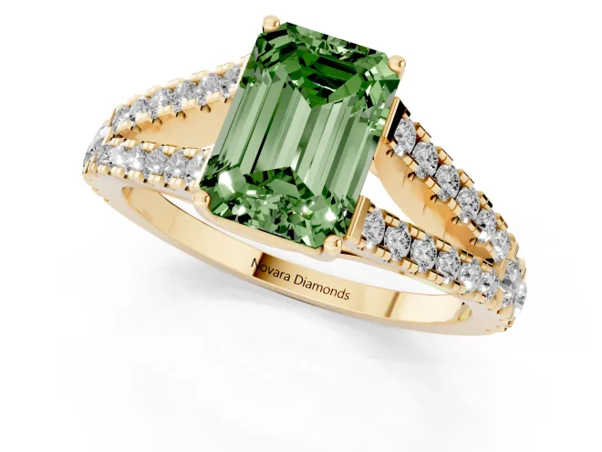 Fancy Green Emerald Cut Diamond Split Shank Pavé Engagement Ring Set in Yellow gold with Prong-Held Center Stone – second view