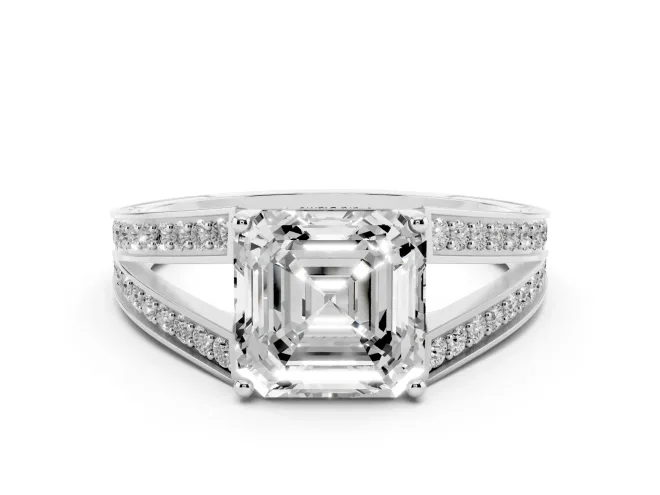 Asscher Cut Diamond Split Shank Ring Set in Silver with Pavé Band and Prong Setting
