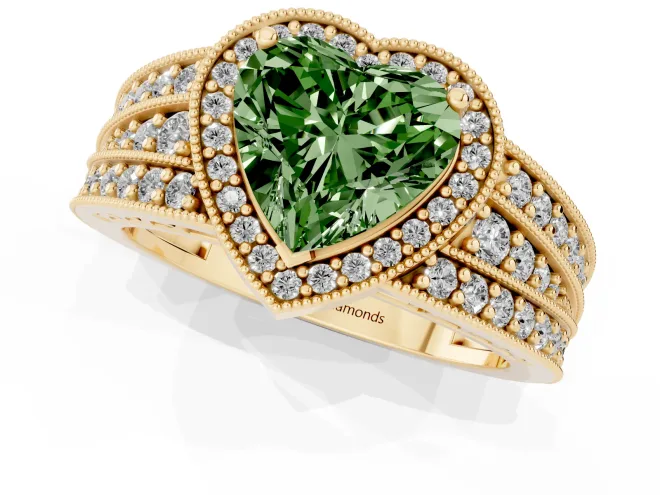 Fancy Green Heart Cut Diamond Halo Ring Set in Yellow gold with Accent Split Shank and Prong Setting – second view