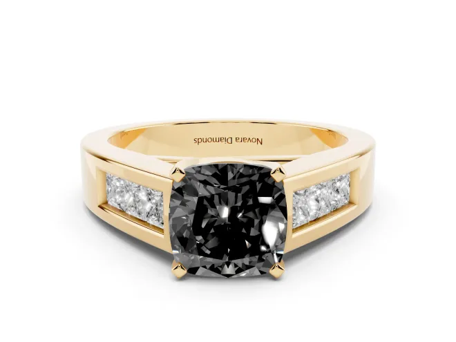 Fancy Black Cushion Cut Diamond Solitaire Ring Set in Yellow gold with Channel-Set Accent Stones and Prong Setting
