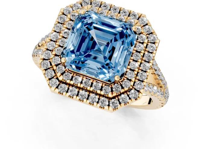 Fancy Blue Asscher Cut Diamond Double Halo Ring Set in Yellow gold with Pavé Band – second view