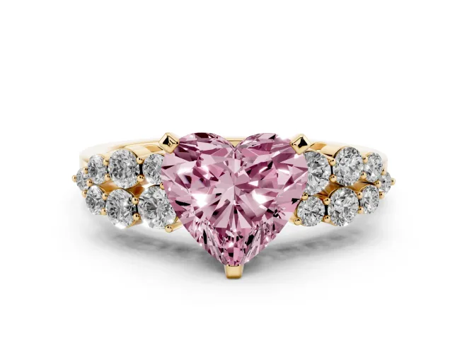 Heart-Shaped Side Stone Engagement Ring Setting for a Fancy Pink Lab-Grown Diamond | Shoulder Clusters | Yellow Gold