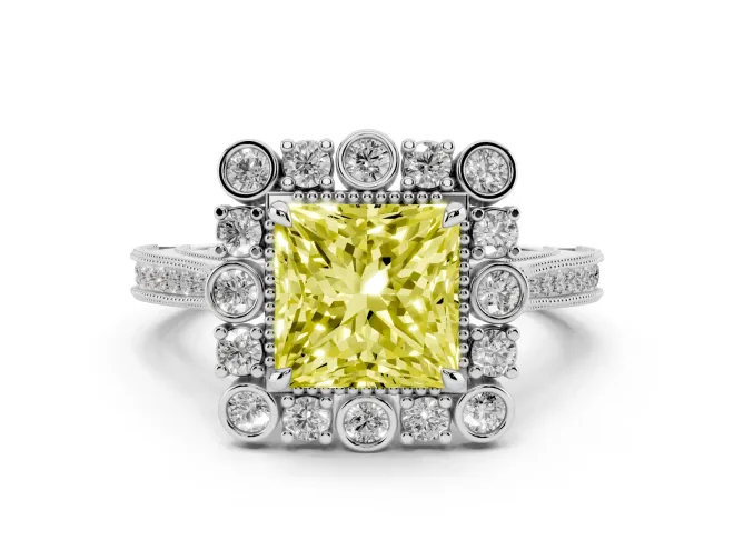 Princess Cut Scalloped Halo Engagement Ring Setting for a Fancy Yellow Lab-Grown Diamond | Milgrain Edges | White Gold