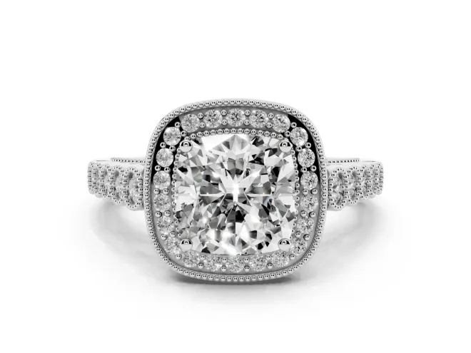 Cushion Cut Diamond Milgrain Halo Solitaire Ring Set in Platinum with Bezel Set Side Stones and Pavé Band
