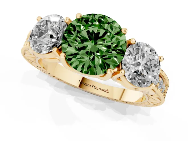 Fancy Green Round Cut Diamond Three-Stone Engagement Ring Set in Yellow gold with Milgrain Pavé Band – second view