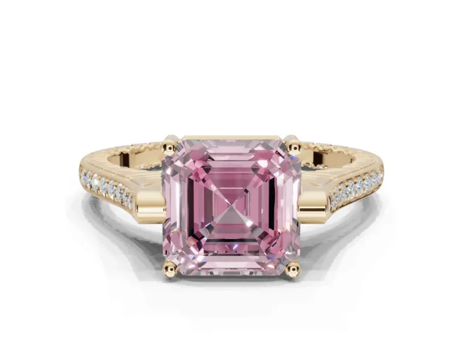 Asscher Cut Vintage Cathedral Engagement Ring Setting for a Fancy Pink Lab-Grown Diamond | Carved Band | Yellow Gold