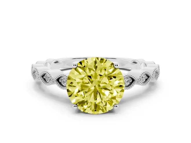 Fancy Yellow Round Cut Diamond Solitaire Ring Set in White gold with Infinity Twist Pavé Band