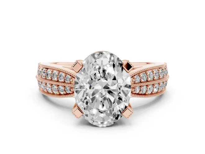 Oval Cut Diamond Solitaire Ring Set in Rose gold with Milgrain Double Row Round Pavé Band