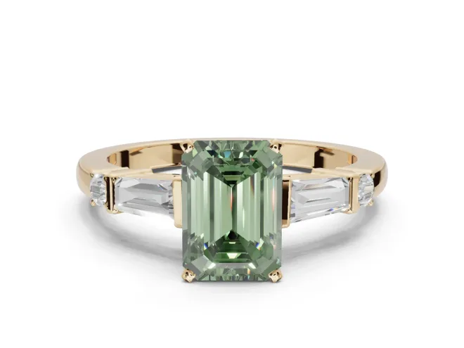 Emerald Cut Tapered Baguette Engagement Ring Setting for a Fancy Green Lab-Grown Diamond | Bar Set Sides | Yellow Gold