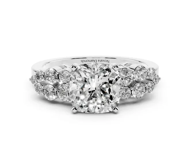 Cushion Cut Side Stone Engagement Ring Setting | Two-Row Shoulder Clusters | White Gold