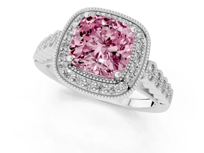 Fancy Pink Cushion Cut Diamond Milgrain Halo Solitaire Ring Set in Platinum with Bezel Set Side Stones and Pavé Band – second view