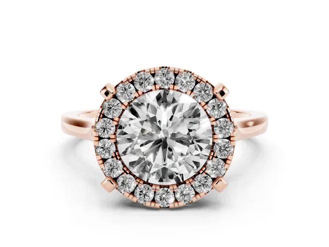 Round Cut Diamond Cluster Halo Solitaire Ring Set in Rose gold with Prong Setting